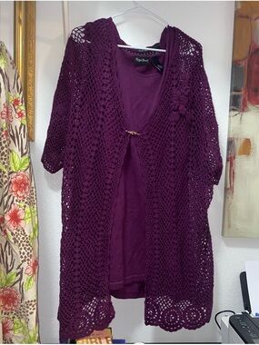 Maggie Barnes Open Crochet Cardigan in Plum